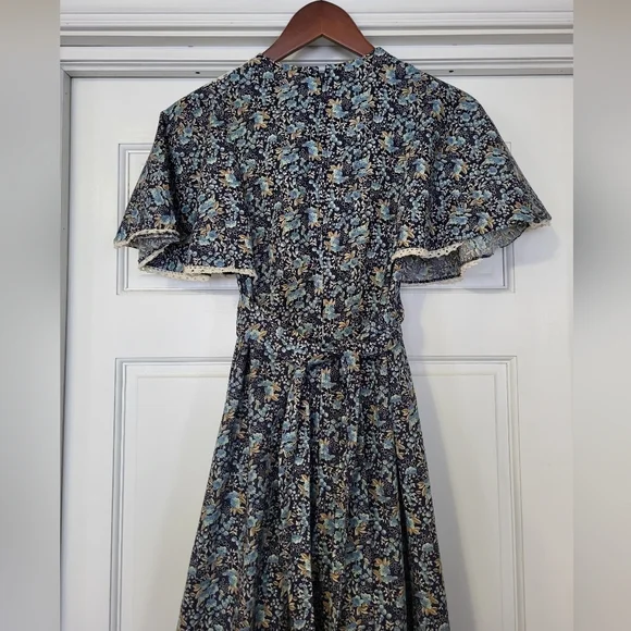 Phase II Vintage 70's Blue Calico Floral Prairie Cottage Boho Maxi Dress Size 11